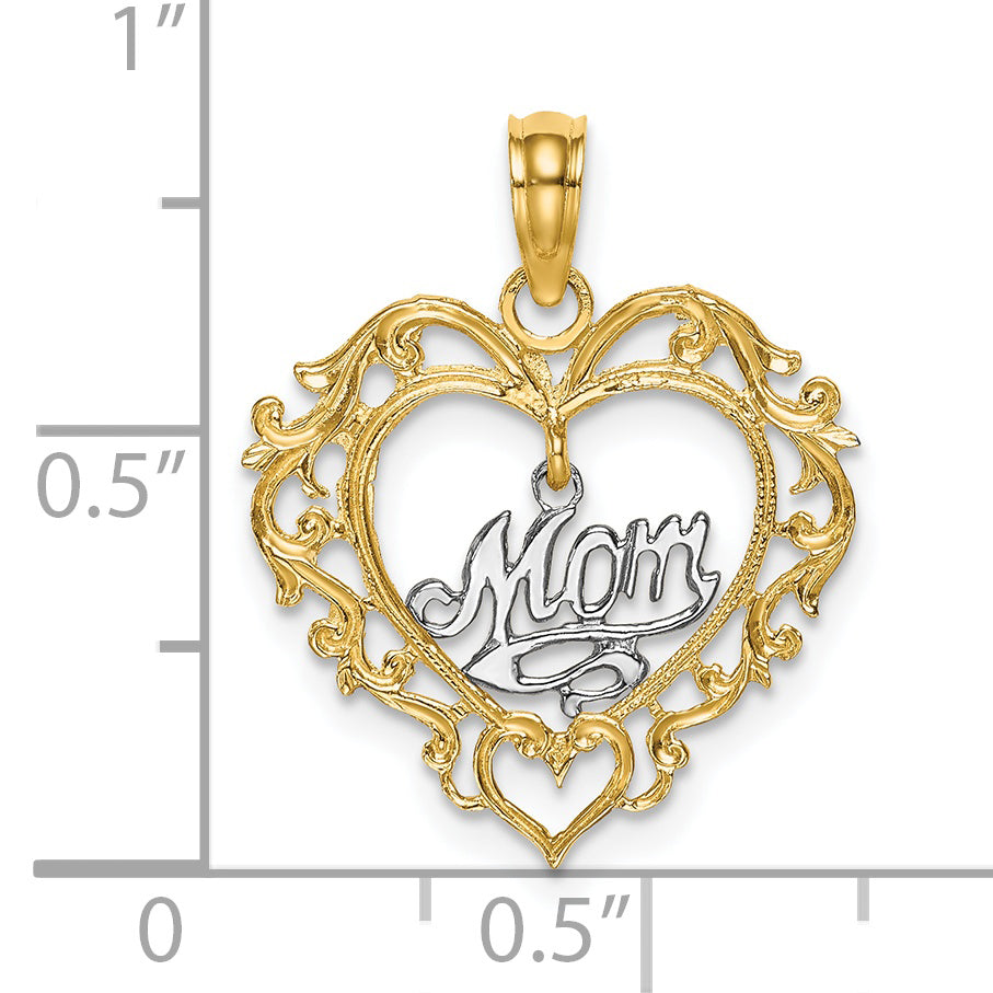 14k Two-tone MOM Inside Heart Charm Pendant