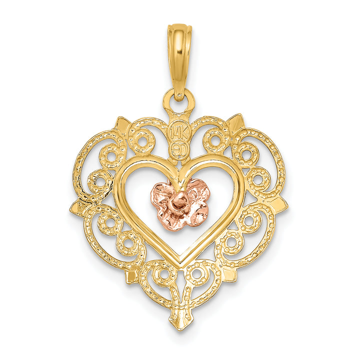 14k Rose and Yellow Gold Flower and Heart Pendant