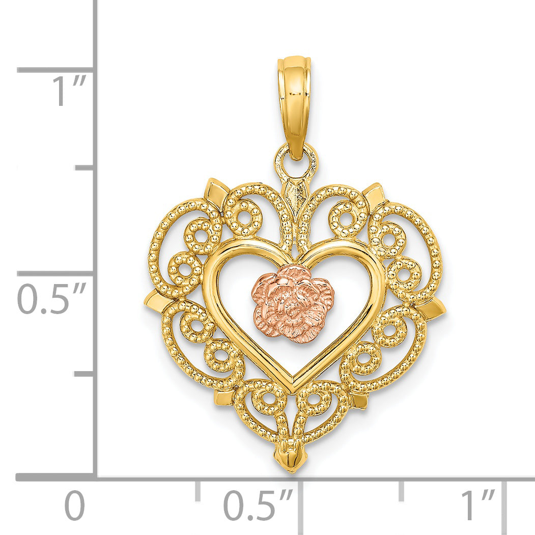 14k Rose and Yellow Gold Flower and Heart Pendant