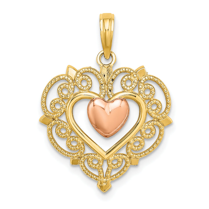 14k Yellow Rose Gold Heart Lace Trim Pendant