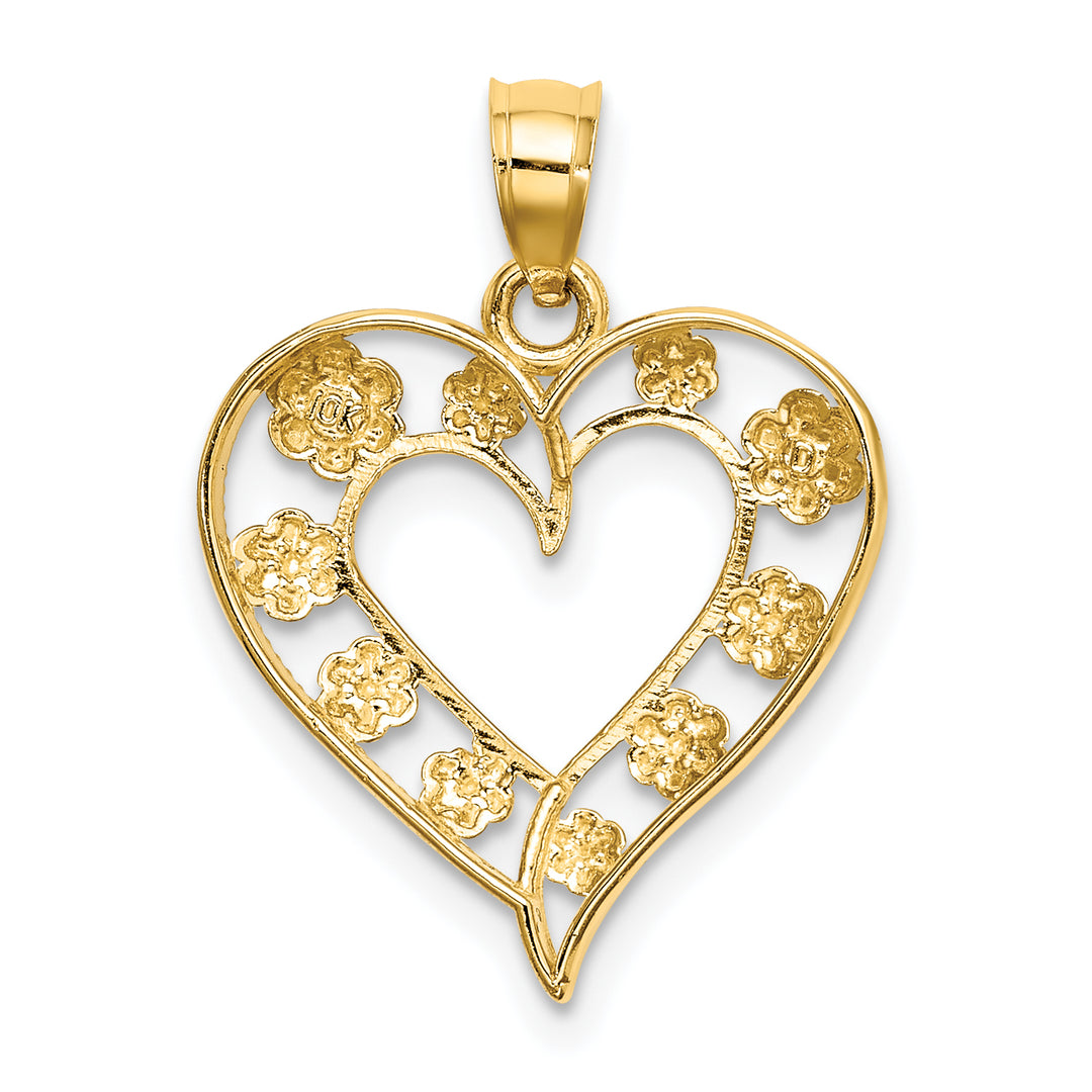 14k Two-Tone Gold Textured Cut-Out Heart Flowers Pendant