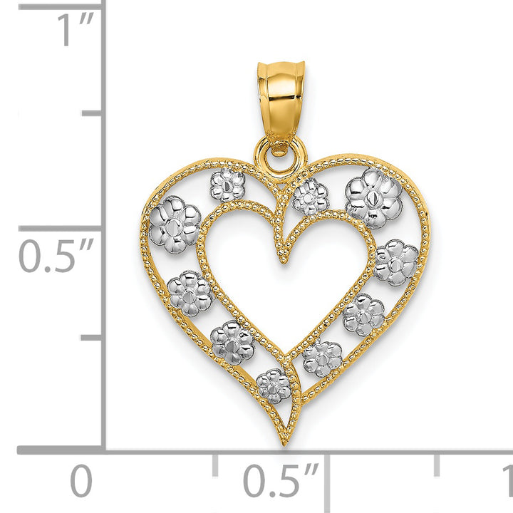 14k Two-Tone Gold Textured Cut-Out Heart Flowers Pendant