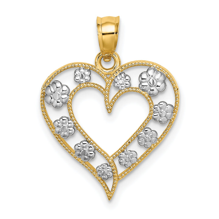 14k Two-Tone Gold Textured Cut-Out Heart Flowers Pendant