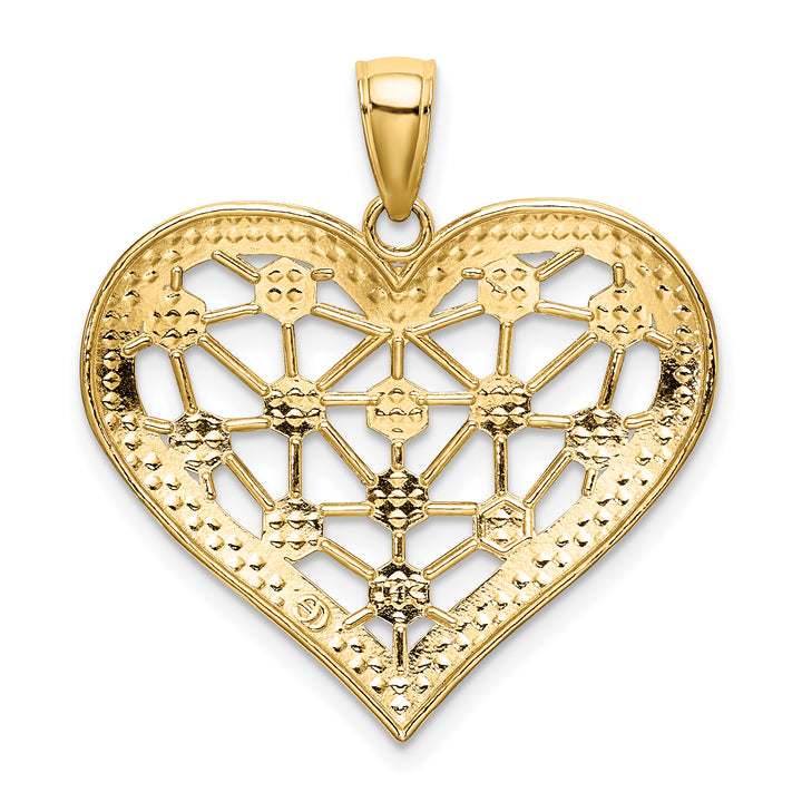 14k Yellow Gold White Rhodium Lattice Design Heart Pendant