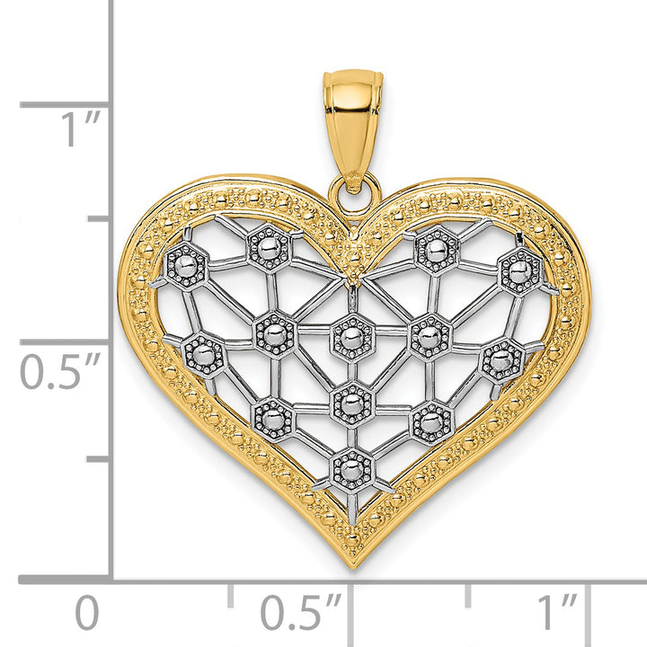 14k Yellow Gold White Rhodium Lattice Design Heart Pendant