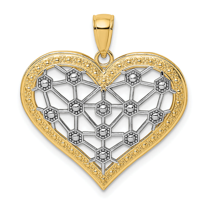 14k Yellow Gold White Rhodium Lattice Design Heart Pendant