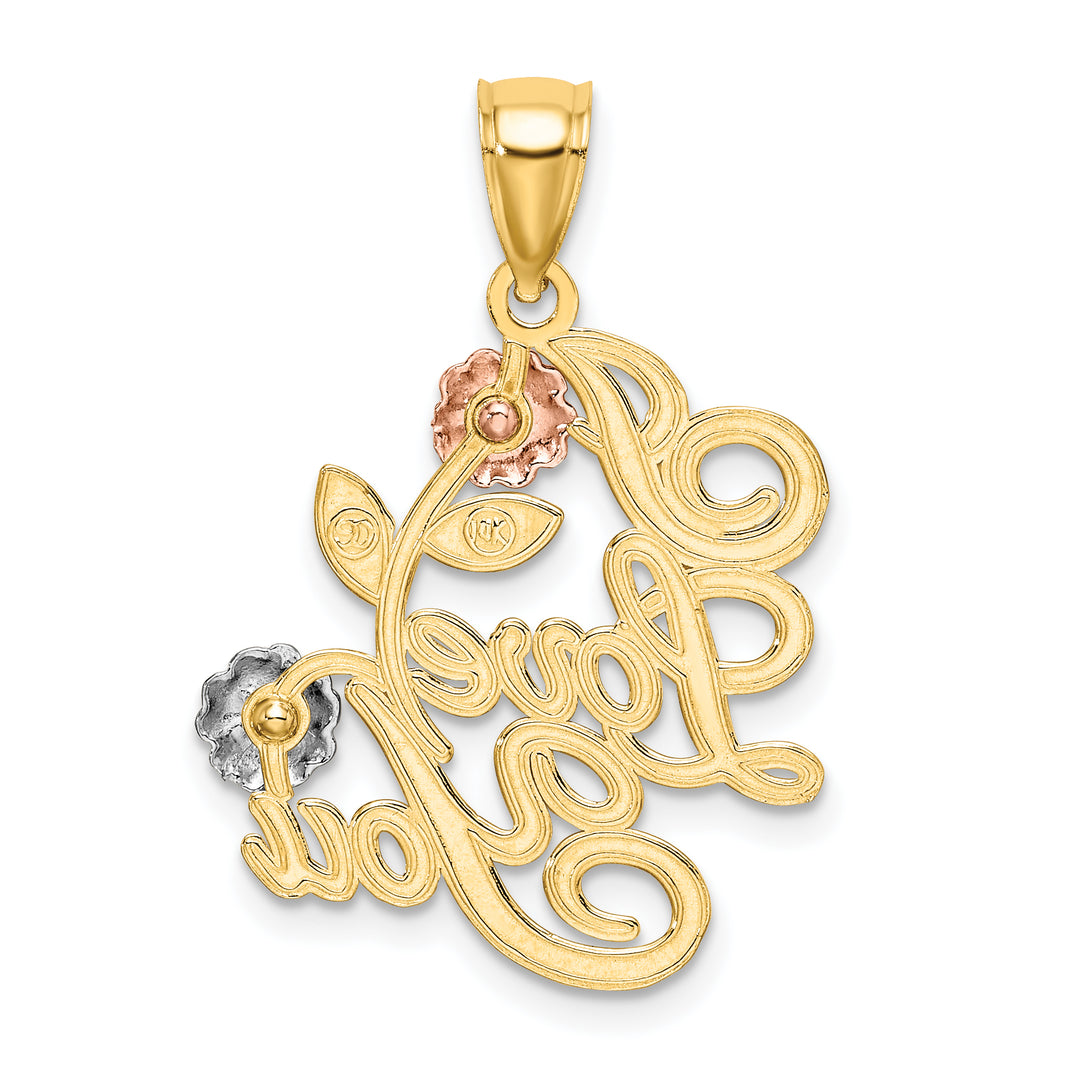 14k Two Tone Gold Rhodium I LOVE YOU Flowers Pendant