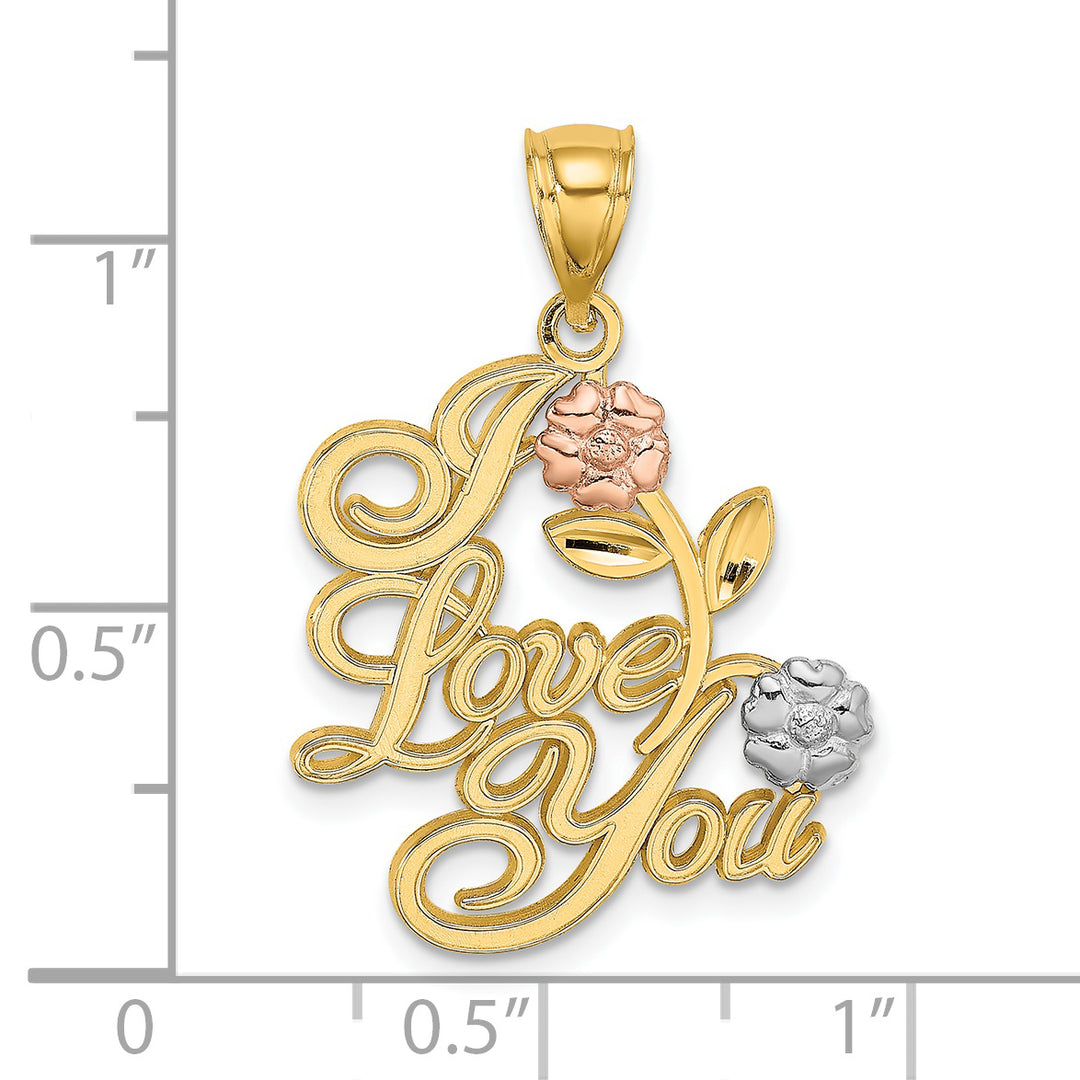 14k Two Tone Gold Rhodium I LOVE YOU Flowers Pendant