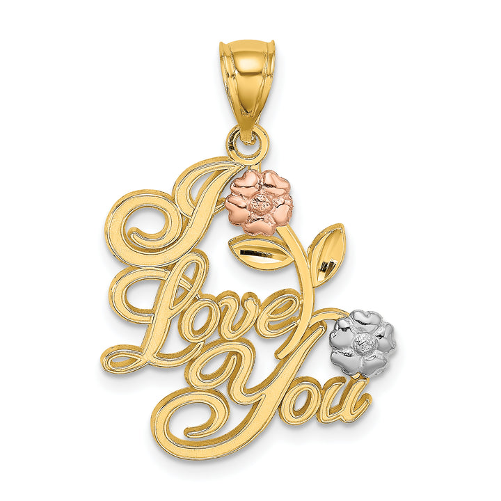 14k Two Tone Gold Rhodium I LOVE YOU Flowers Pendant