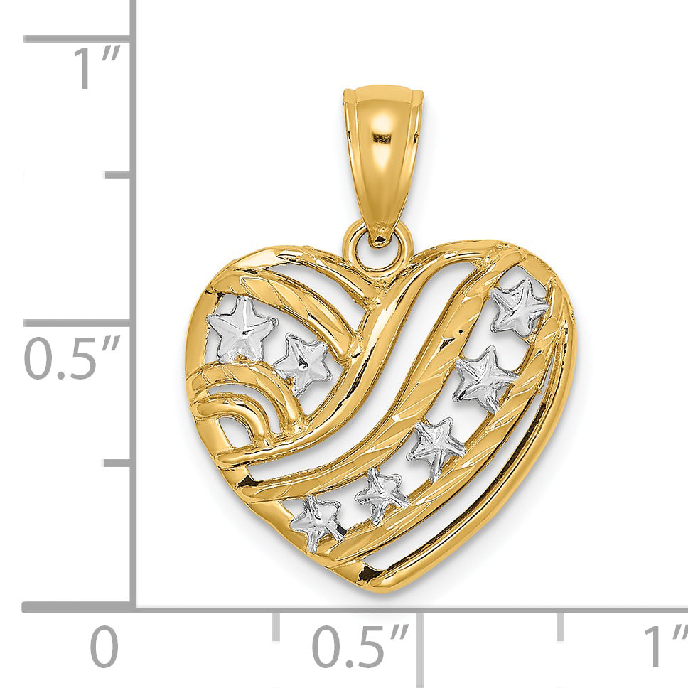 14k Yellow Gold White Rhodium Stars and Stripes Heart Pendant