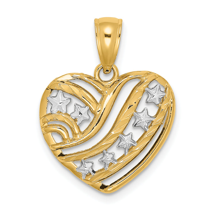 14k Yellow Gold White Rhodium Stars and Stripes Heart Pendant