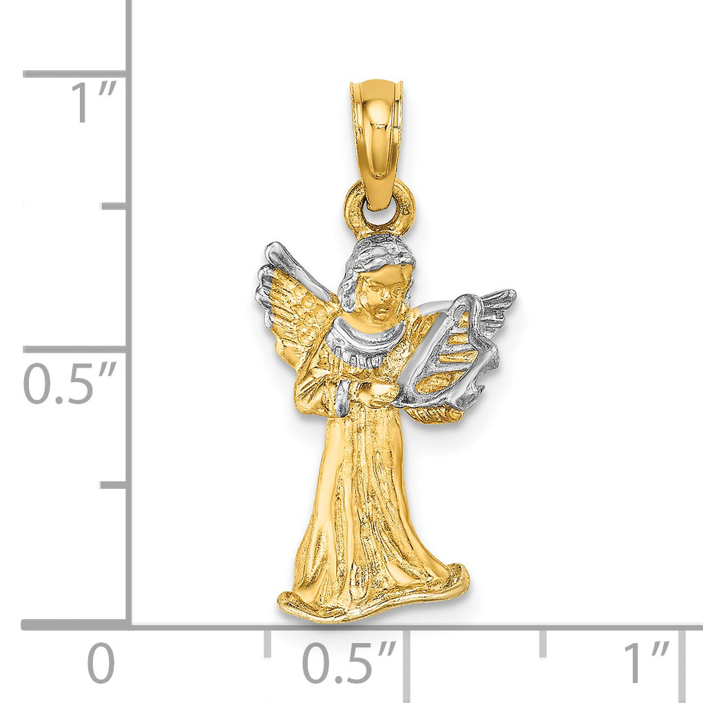 14k Yellow, White Gold 3-D Angel Playing Harp Charm Pendant