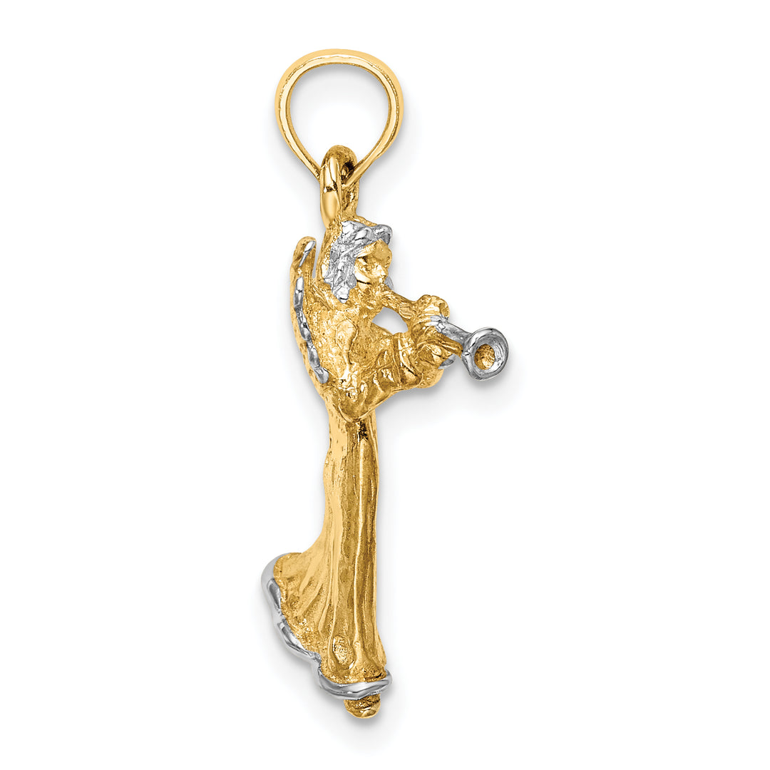 14k Yellow, White Gold 3-D Angel Playing Trumpet Charm Pendant