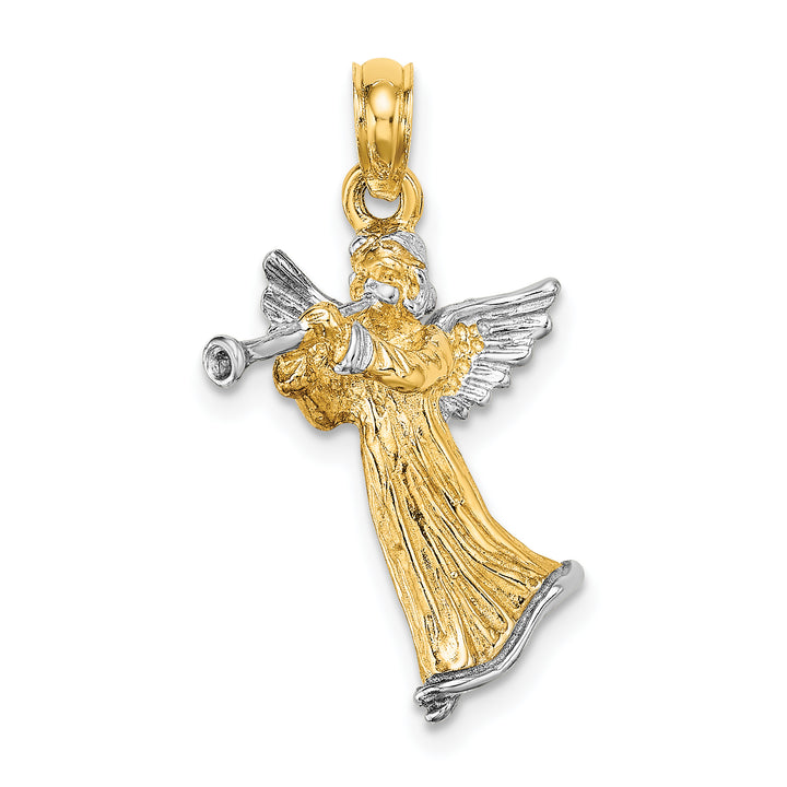 14k Yellow, White Gold 3-D Angel Playing Trumpet Charm Pendant