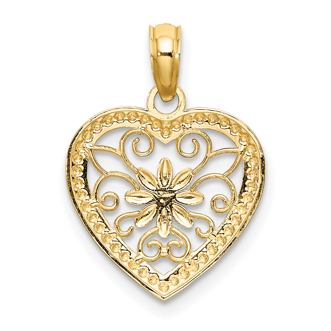 14k Yellow Gold Rhodium Textured Heart Flower Filigree Pendant