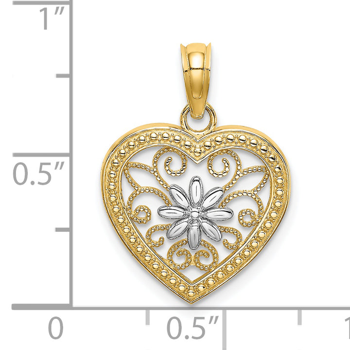 14k Yellow Gold Rhodium Textured Heart Flower Filigree Pendant