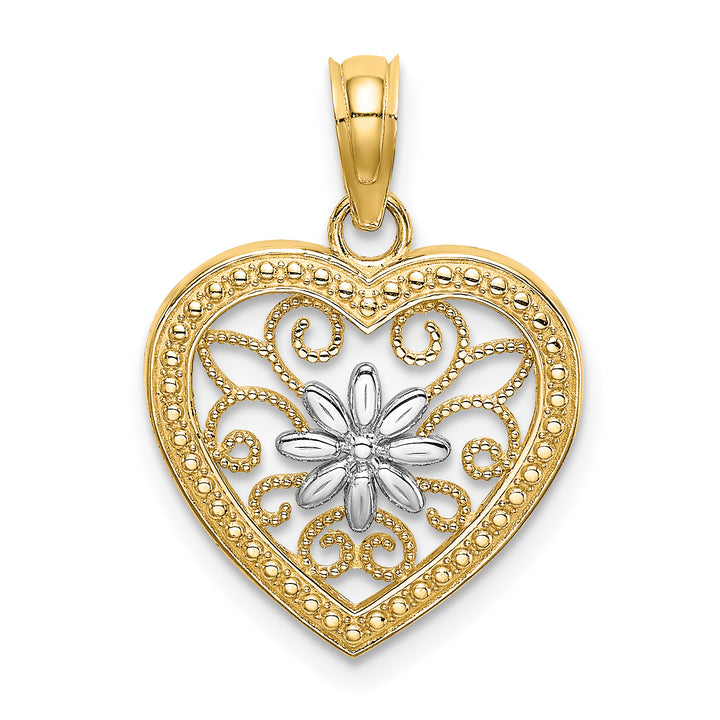 14k Yellow Gold Rhodium Textured Heart Flower Filigree Pendant