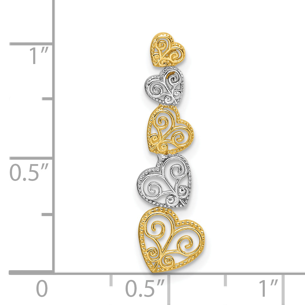 14K Two Tone Gold Polished Filigree Vertical Hearts Chain Slide