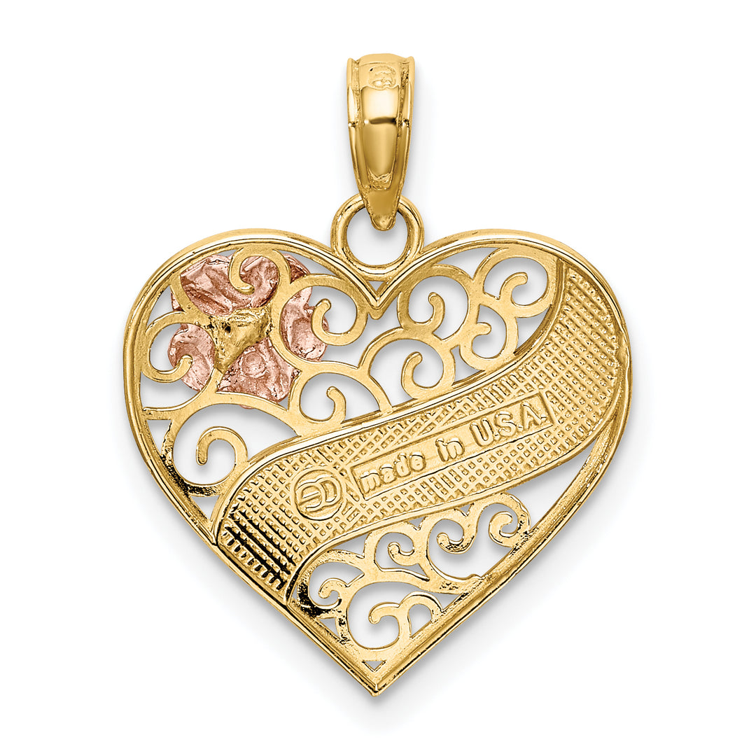 14k Two Tone Gold Rhodium LOVE Banner on Filigree Heart Pendant