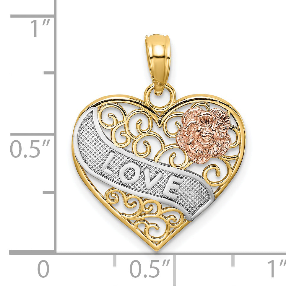 14k Two Tone Gold Rhodium LOVE Banner on Filigree Heart Pendant