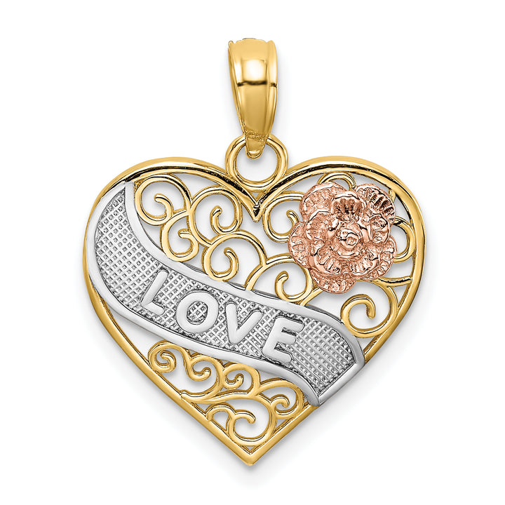 14k Two Tone Gold Rhodium LOVE Banner on Filigree Heart Pendant