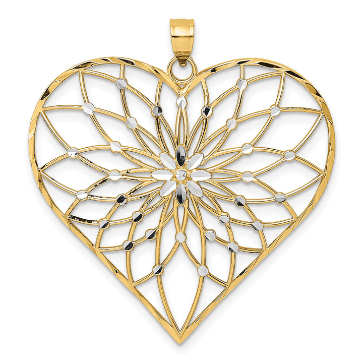 14k Yellow Gold White Rhodium D.C Large Filigree Heart Pendant