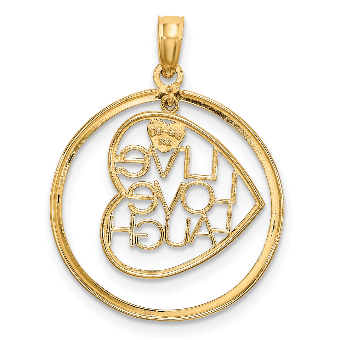 14k Yellow Gold LIVE LOVE LAUGH Heart Dangling In Circle Pendant