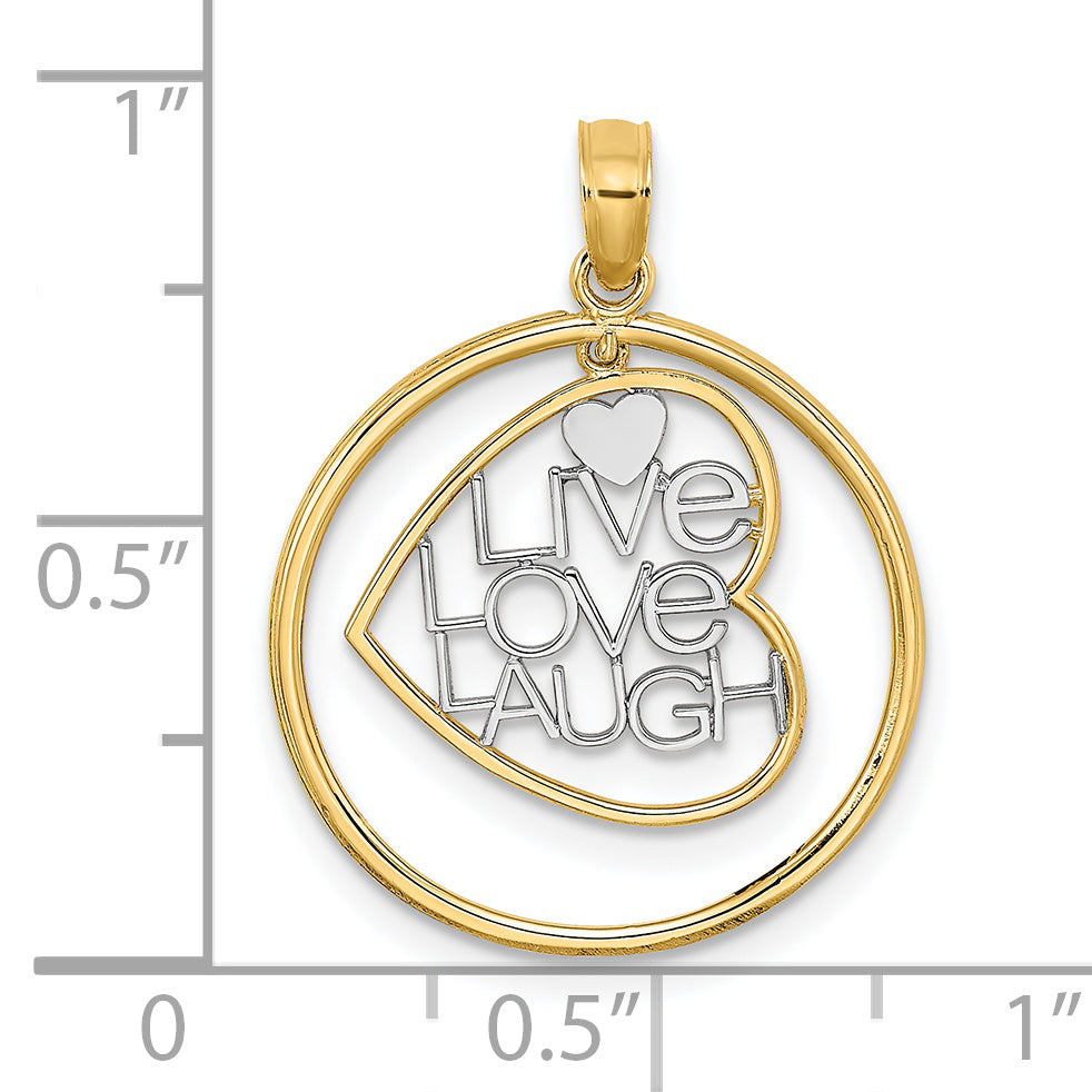 14k Yellow Gold LIVE LOVE LAUGH Heart Dangling In Circle Pendant