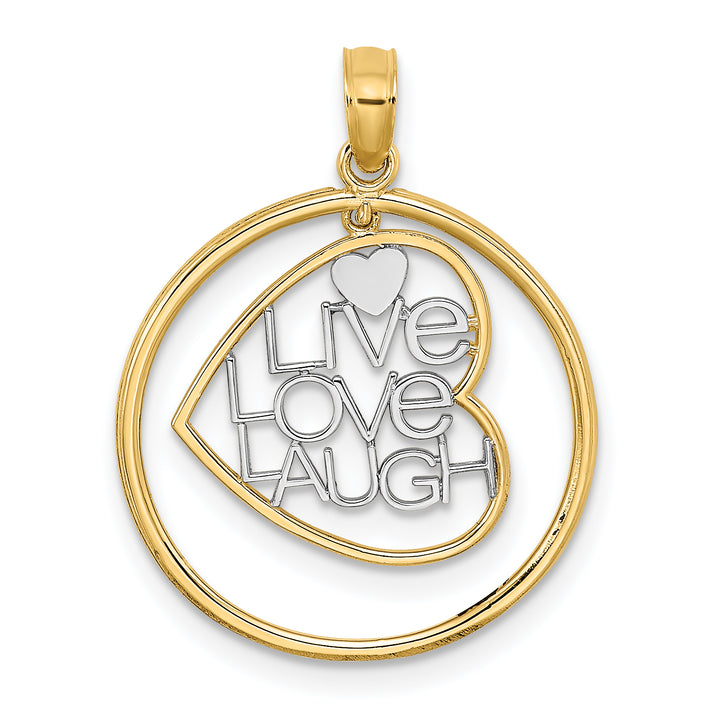 14k Yellow Gold LIVE LOVE LAUGH Heart Dangling In Circle Pendant