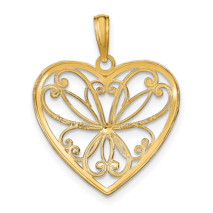 14k Yellow Gold Rhodium Filigree Design Heart Pendant