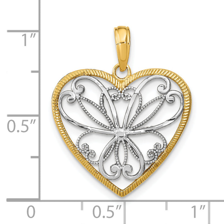 14k Yellow Gold Rhodium Filigree Design Heart Pendant