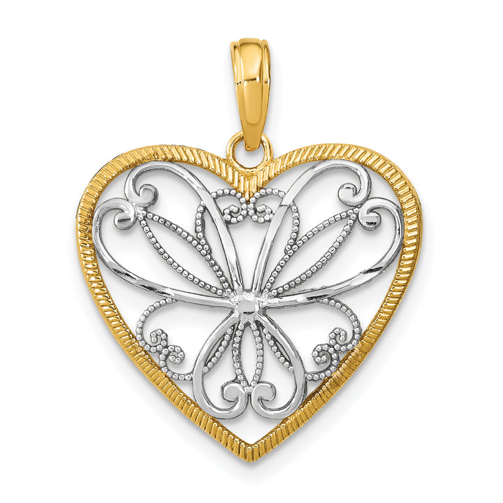 14k Yellow Gold Rhodium Filigree Design Heart Pendant