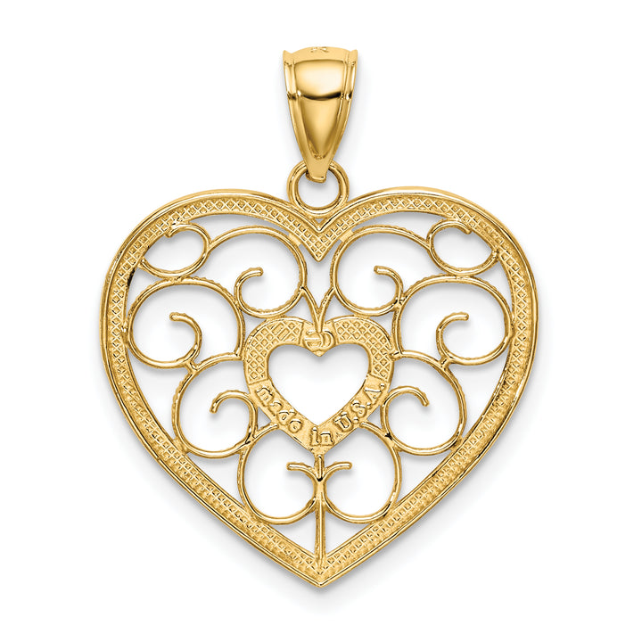 14k Yellow Gold Rhodium Filigree Heart Pendant