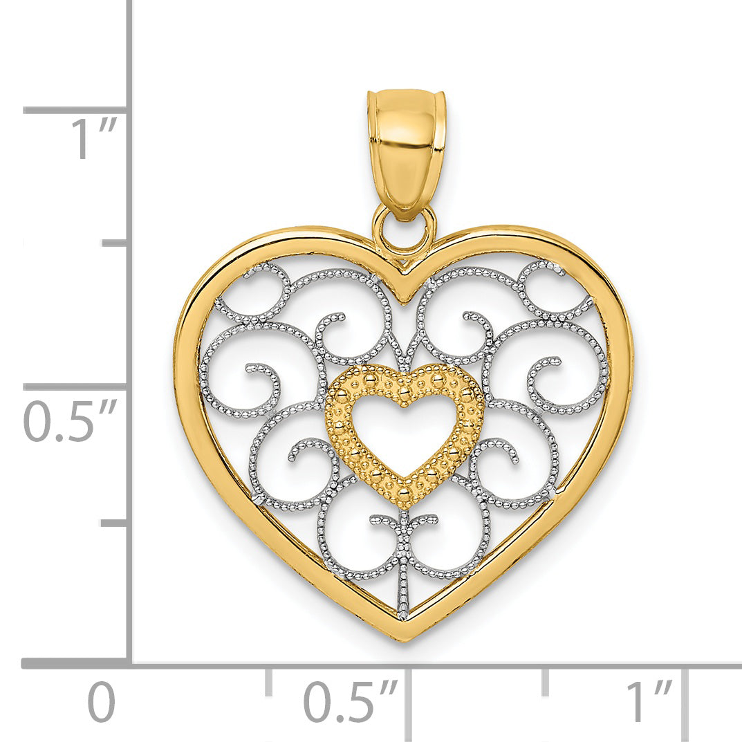 14k Yellow Gold Rhodium Filigree Heart Pendant