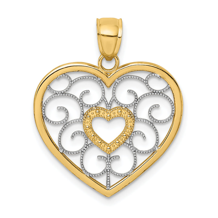 14k Yellow Gold Rhodium Filigree Heart Pendant