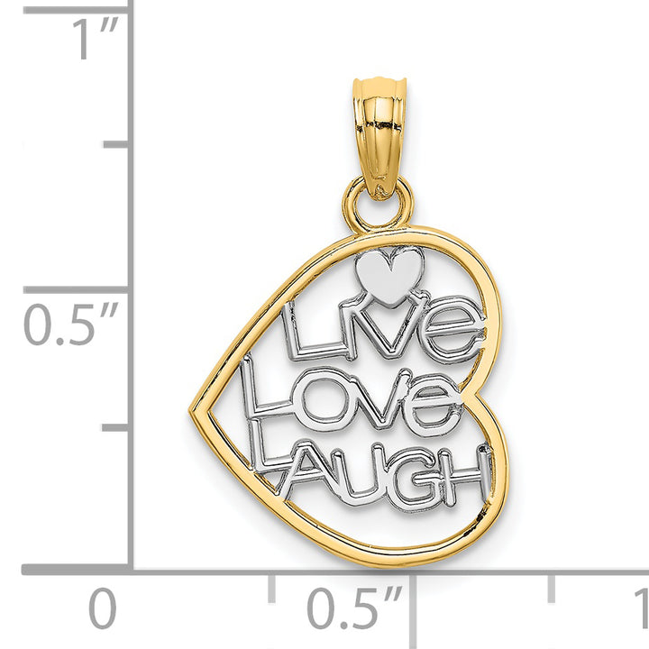 14k Yellow Gold Rhodium LIVE LOVE LAUGH In Heart Pendant