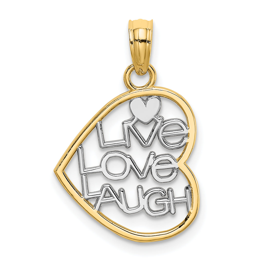 14k Yellow Gold Rhodium LIVE LOVE LAUGH In Heart Pendant