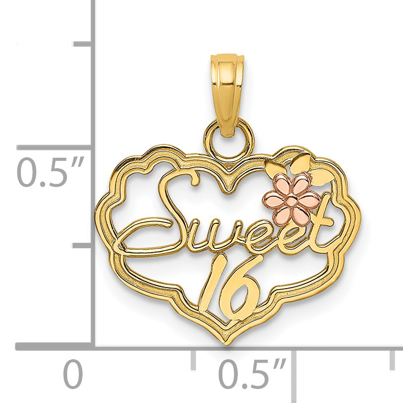 14k Two Tone Gold SWEET 16 Heart Flower Design Pendant