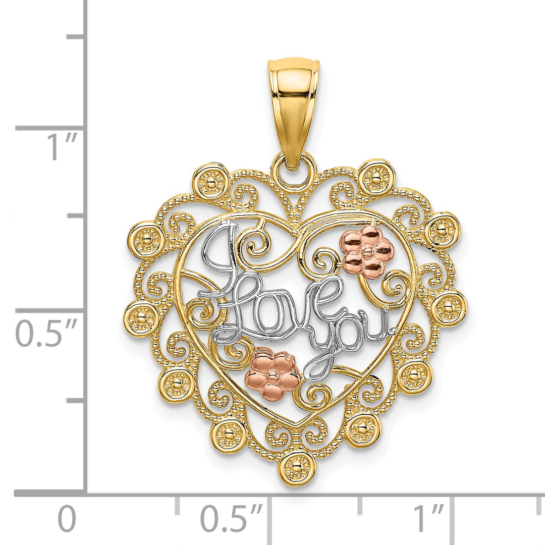 14k Two Tone Gold Rhodium I LOVE YOU Filigree Heart Flower Pendant