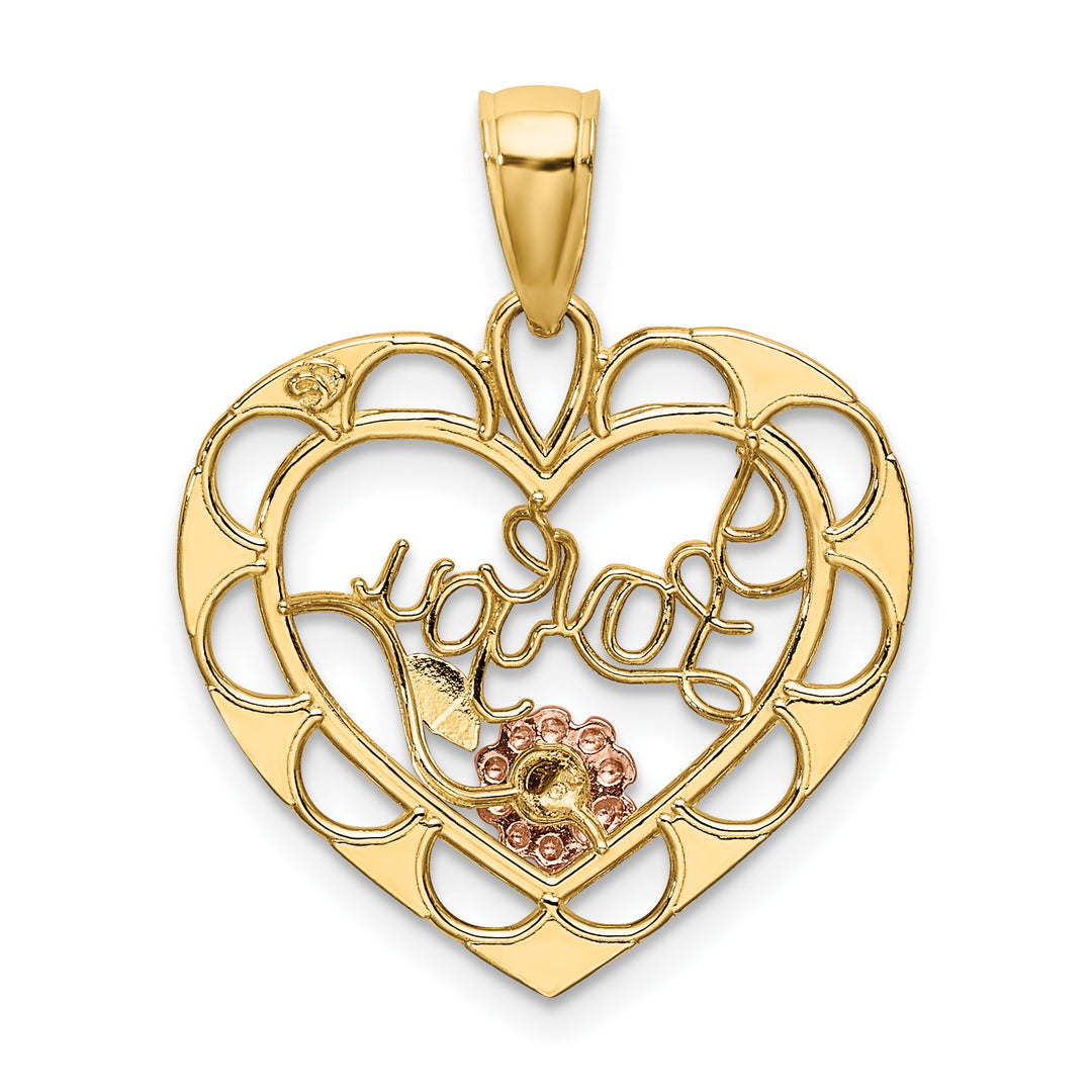 14k Two Tone Gold White Rhodium I LOVE YOU Heart Flower Pendant