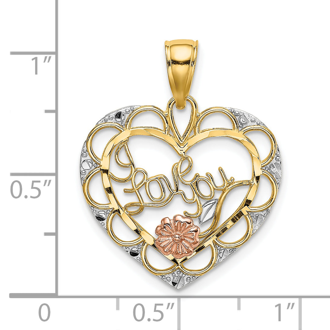 14k Two Tone Gold White Rhodium I LOVE YOU Heart Flower Pendant