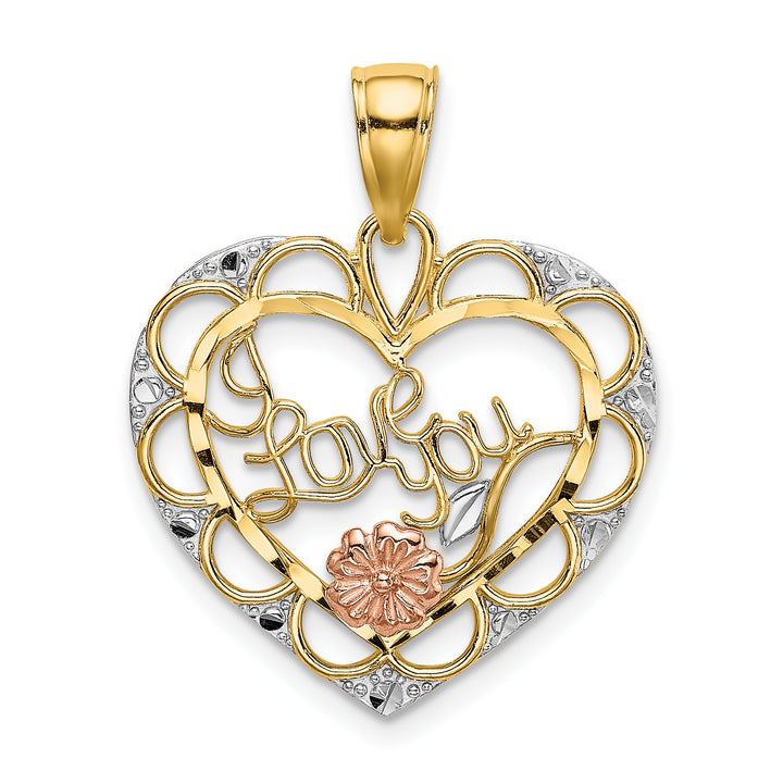 14k Two Tone Gold White Rhodium I LOVE YOU Heart Flower Pendant