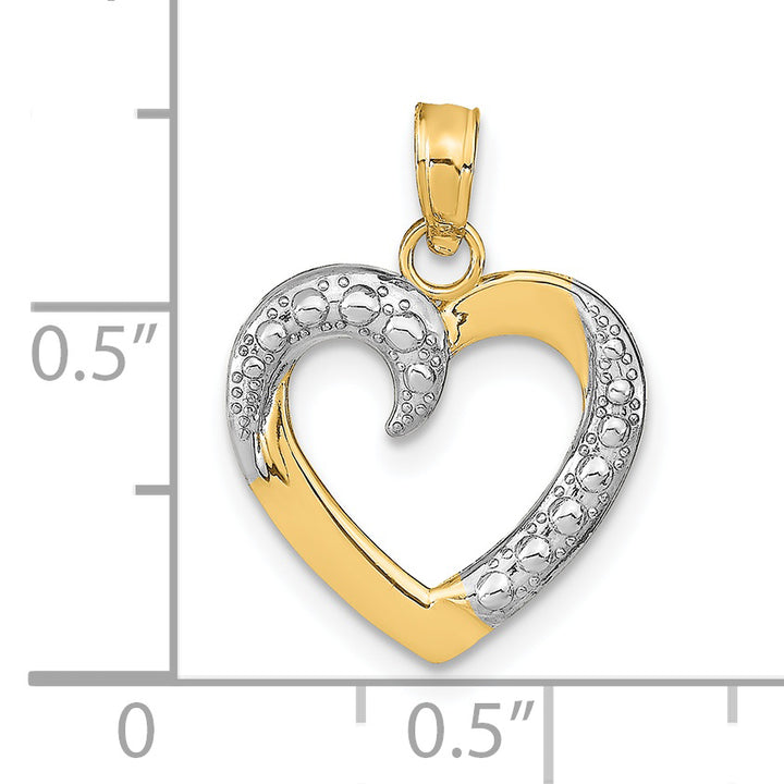 14k Yellow Gold Rhodium Polished Textured Heart Pendant