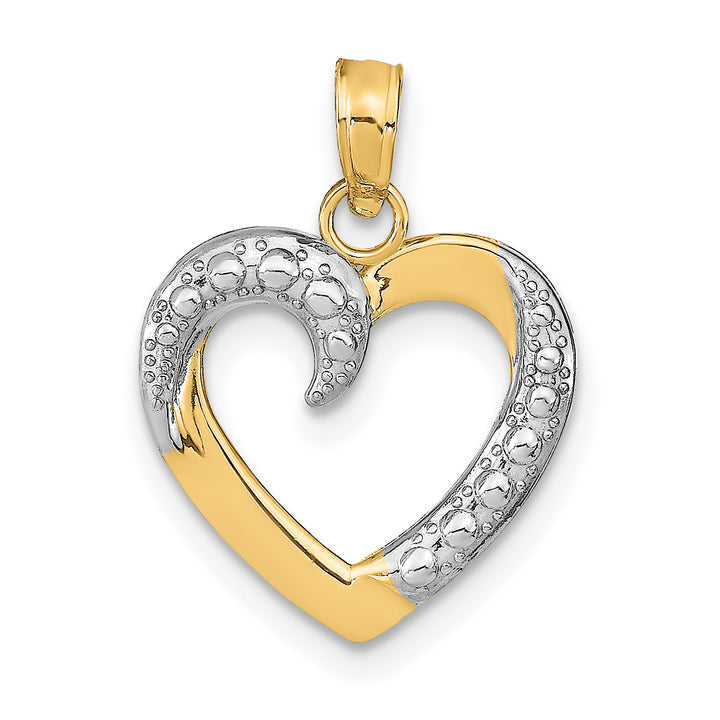 14k Yellow Gold Rhodium Polished Textured Heart Pendant