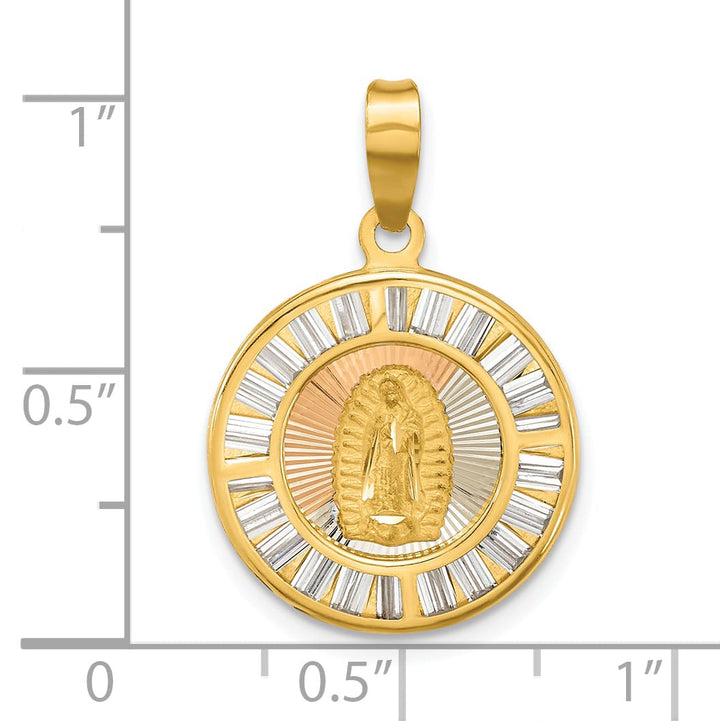 14K Yellow Gold Baguette CZ Our Lady of Guadalupe Round Pendant