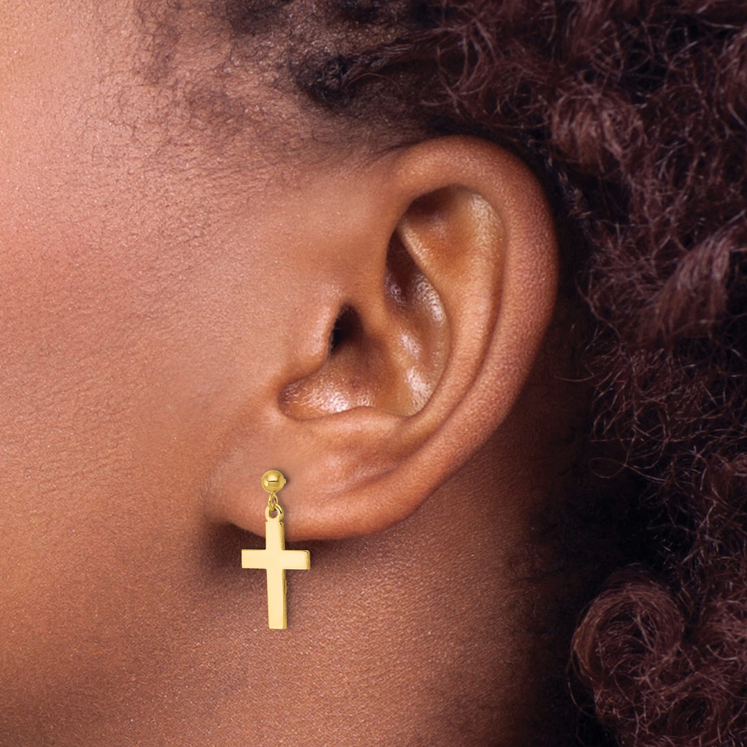 14K Yellow Gold Polished Cross Dangle Post Earrings
