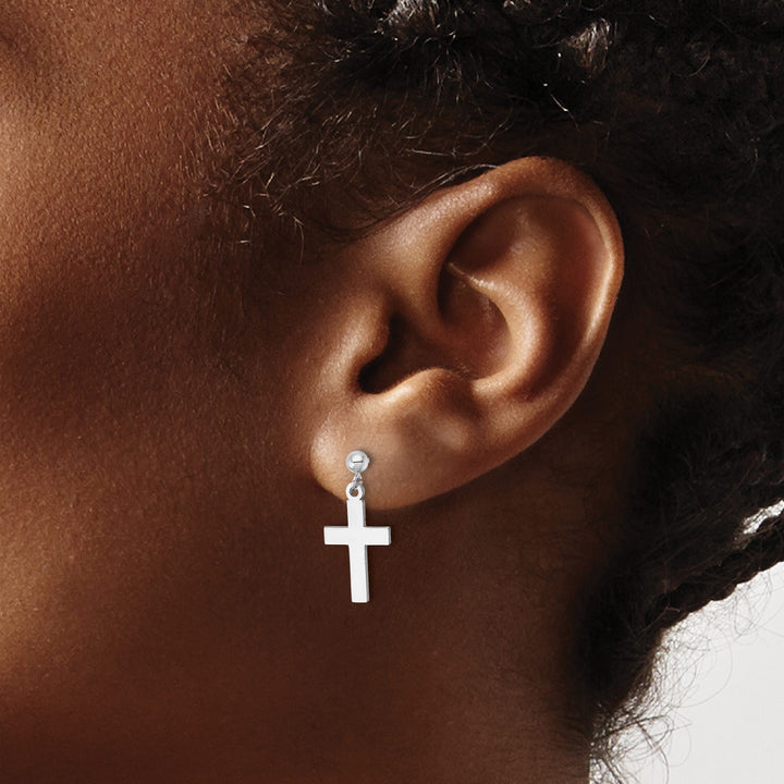 14K White Gold Polished Cross Dangle Post Earrings