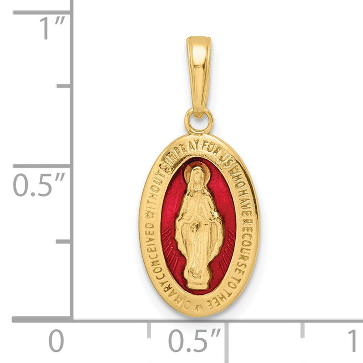 14K Yellow Gold Solid Red Enameled Miraculous Medal Oval Pendant