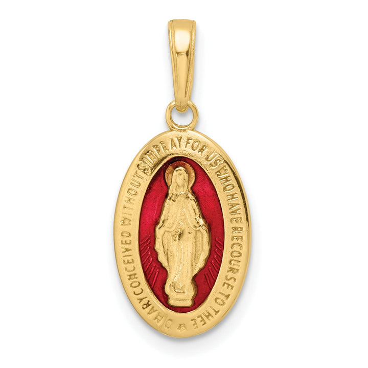 14K Yellow Gold Solid Red Enameled Miraculous Medal Oval Pendant