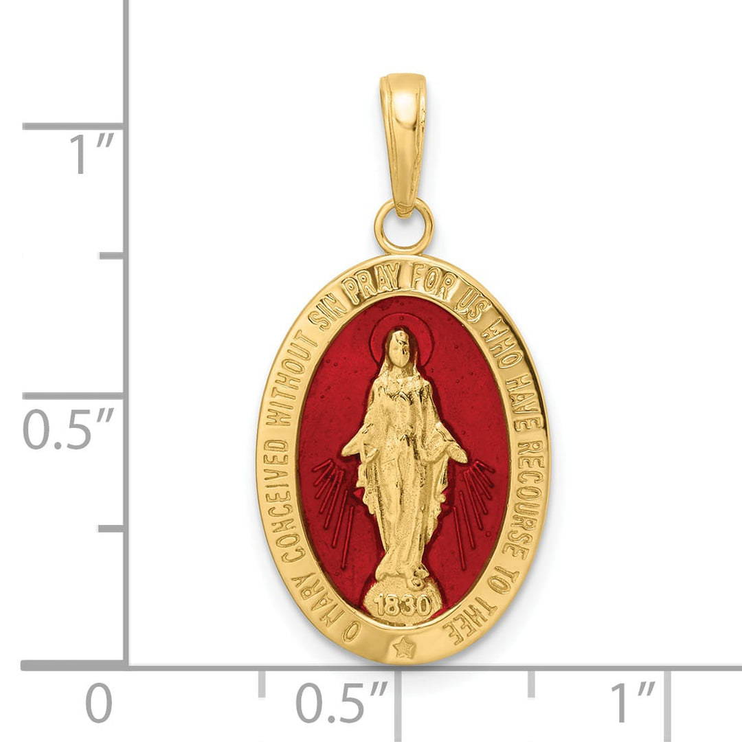 14K Yellow Gold Solid Red Enameled Miraculous Medal Oval Pendant